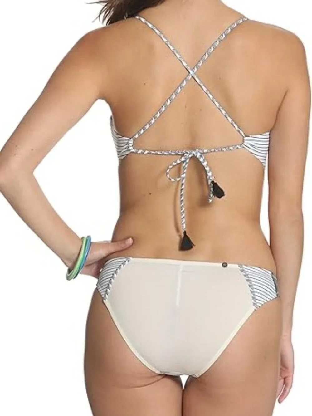 Kuleana Monokini Swimsuit XS Cream Black Striped Cutout Tassel Tie One Piece
